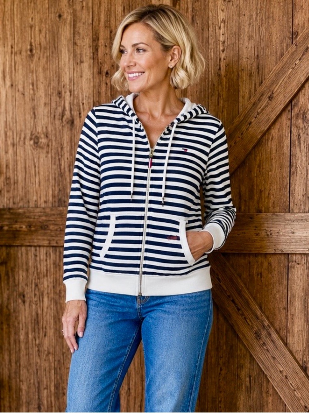 Tommy Hilfiger Navy White Striped Zip Hoodie Jacket. S/P